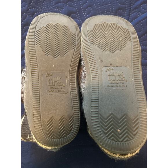 GUC Muk Luks Gray Knit Boots Hard Sole Furry Lining Slip On Size Medium (7-8) - Picture 6 of 6